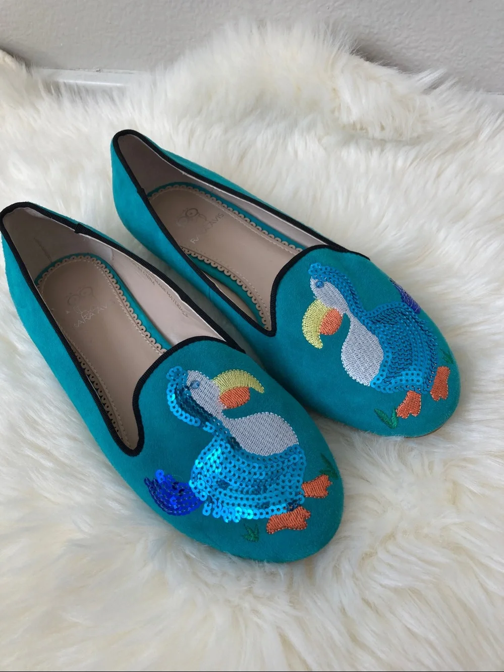 Rara Avis by Iris Apfel Turquoise Suede Pelican Sequin Flats Loafer Dodo bird 8